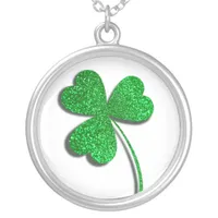 Green Glitter Shamrock Happy St Patrick’s Day  T-S Silver Plated Necklace