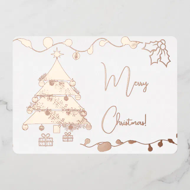 Christmas tree and ornaments in pink gold foil holiday card