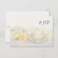 Tea Cup and White Rose Wedding RSVP Reply Card
