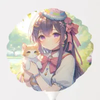 Pretty Anime Holding Kitten Girl's Birthday Balloon