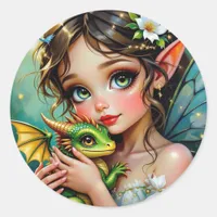 Pretty  Fairy and Dragon Themed Girl's   Classic Round Sticker