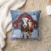 A Festive Cow in Santa Hat Country Christmas  Throw Pillow