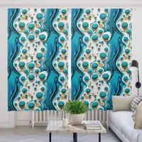 Blue, Gold and White Fluid Art Water and Bubbles Blackout Curtains