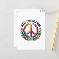 Make Love Not War Peace Sign and Cute Flowers Postcard