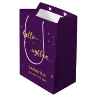 18th birthday purple gold hello 18 script name medium gift bag