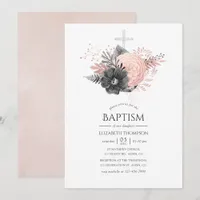 Pastel Blush Pink and Charcoal Floral Baptism Invitation