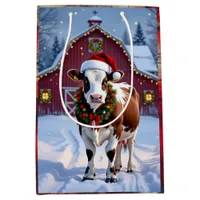 A Festive Cow in Santa Hat Country Christmas   Medium Gift Bag