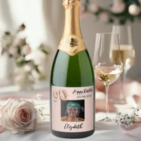 90th Birthday rose gold pink photo Sparkling Wine Label