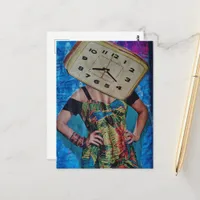 Vintage Alarm Clock Head Woman Collage Postcard