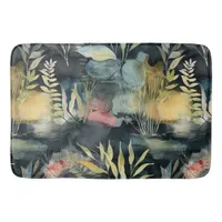 Watercolor Foliage Black Pink Yellow Abstract Bath Mat