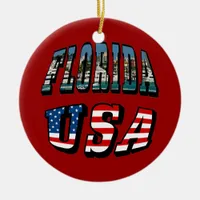 Florida State and USA Flag Text Ceramic Ornament