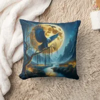 Eagle on Tree Branch Under Full Moonlight Throw Pillow