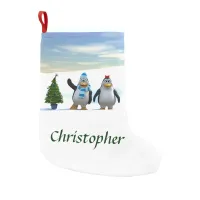 Cute Cartoon Penguin Pair with Tree Small Christmas Stocking