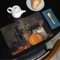 Autumn Decorations on Table, Pumpkin, Fruit, Drink Cloth Placemat