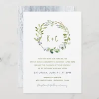 Greenery Wreath Wedding Invitations - Dusty Blue