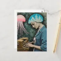 Jellyfish and a Typewriter Surreal Woman Postcard