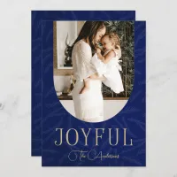 Blue Gold Modern Botanical Arch Joyful Photo  Holiday Card