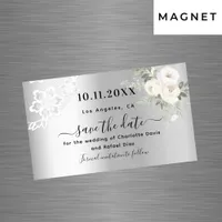 Silver white lace wedding Save the Date magnet