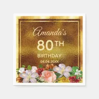 80th birthday party gold white pink flowers napkins