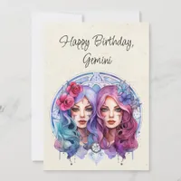 Gemini Twins Zodiac Watercolor Birthday Flat Card