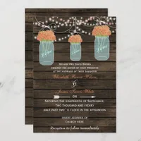 Barnwood, coral mason jar wedding invites