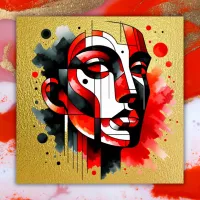 Red, black and white Abstract Face on gold | Poster