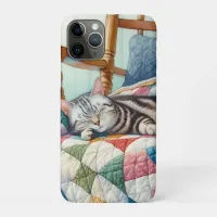 Sweet Gray Cat Sleeping on a Quilt iPhone 11 Pro Case