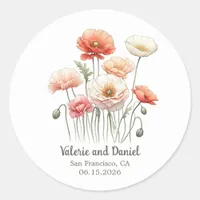 Watercolor Poppy Flowers Pretty Custom Wedding  Classic Round Sticker
