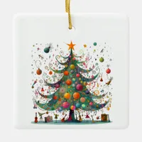 Wacky Whimsical Christmas Tree, Bright Colors Ceramic Ornament