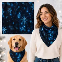 Deep Blue Bright Snowflakes Holidays Large Bandana