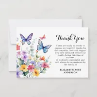 Wildflowers Butterfly Modern Memorial Funeral  Thank You Card