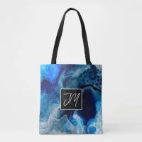 Cobalt Blue and White Marble Fluid Art Monogrammed Tote Bag