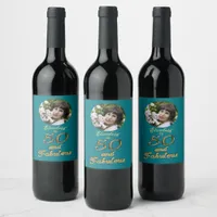 50 and Fabulous Birthday Gold Teal Blue 50th Age Wine Label