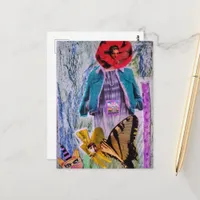Relax Floral Woman Messy Mixed Media Collage Postcard
