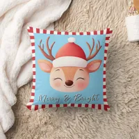 Cute Reindeer Christmas Red & Blue Stripe Throw Pillow