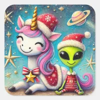 Festive Christmas Alien and Unicorn Square Sticker