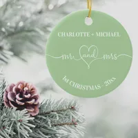 1st Christmas newlyweds names heart sage green Ceramic Ornament