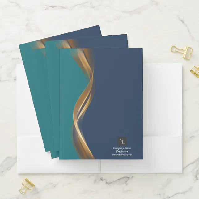 Elegant Gold Wave Blue Teal with Business Logo Pocket Folder