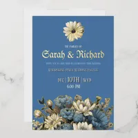 Elegant Denim, Navy & Gold Foil Floral Wedding Foil Invitation