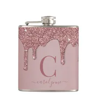 Rose Gold Sparkle Glam Glitter Drips Monogram Flask