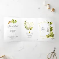 Beer Willow Green and Gold Geometric Wedding Tri-Fold Invitation