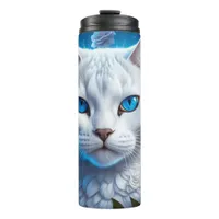 White Cat with Bright Blue Eyes Floral Thermal Tumbler