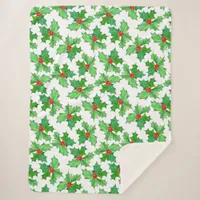 Holly Leaves, Berries, Red, Green Floral Christmas Sherpa Blanket