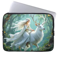 Pretty Fairy and White Deer in Enchanted Forest Laptop Sleeve
