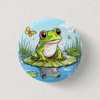 Cute Frog and Butterflies on Lily Pad Button