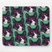 Funny Glasses Tuxedo Cat Pattern Mouse Pad