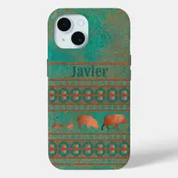 Southwest Cute Javelina Family Teal Personalized iPhone 15 Case