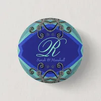 Butterfly Curls Aqua+Blue Monogram Button