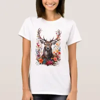 Stag deer amongst colorful flower blossoms  T-Shirt