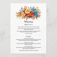 Blue, Orange, Yellow, and Red Floral Wedding Menu